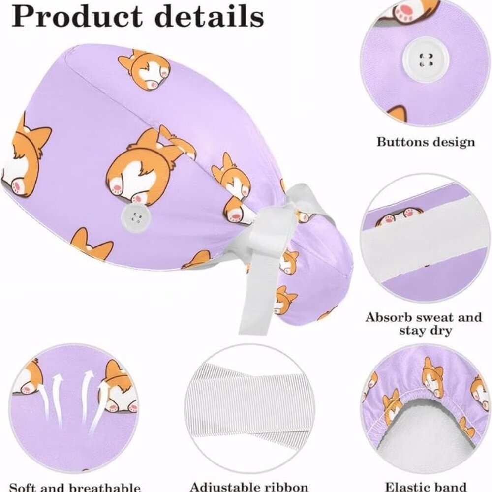 Adjustable Surgical Scrub Cap with Button Sweatband and Bow Hair Scrunchy - Picture 5 of 7